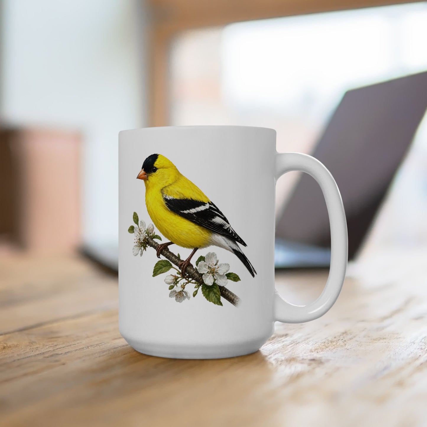 Yellow Goldfinch Illustration Mug | Bird Floral Ceramic Coffee Cup