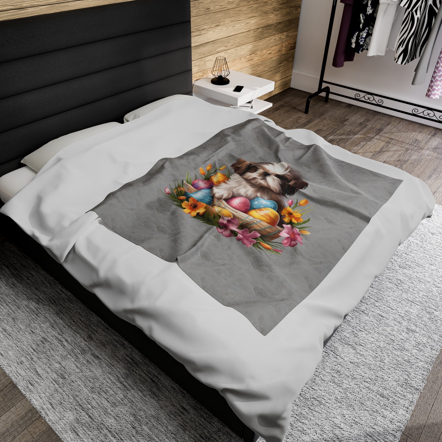 Easter Shih Tzu Blanket (Velveteen Plush, Grey)