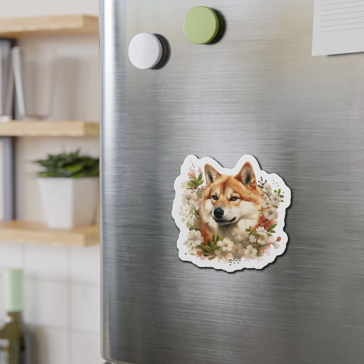 Floral Akita Magnet | Die Cut Pet Fridge Magnet | Kitchen Decor