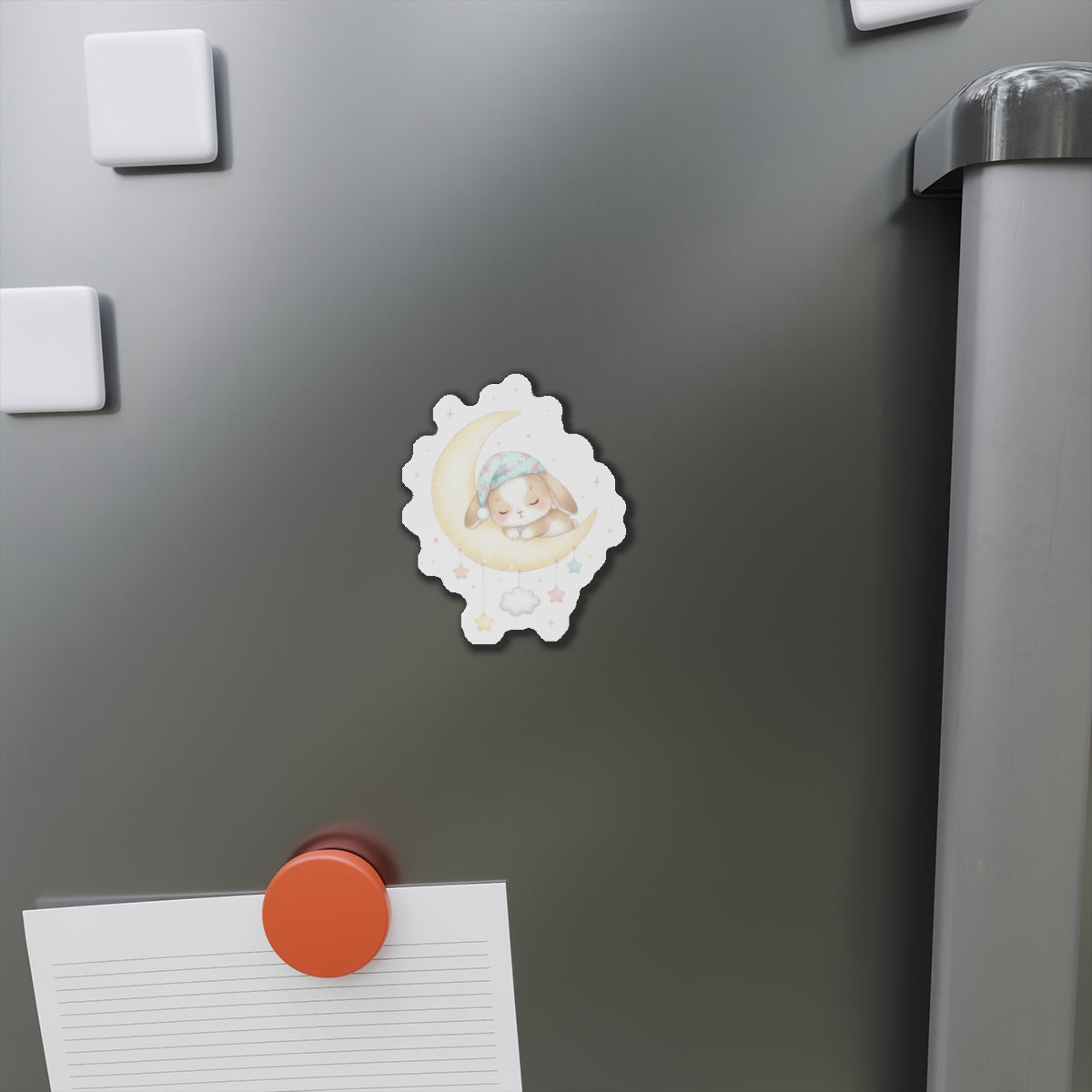 Die-Cut Magnets - Bunny Asleep on Moon, Cute Rabbit Fridge Magnet, Whimsical Animal Kitchen Decor, Lunar Theme Gift, Adorable Night Sky