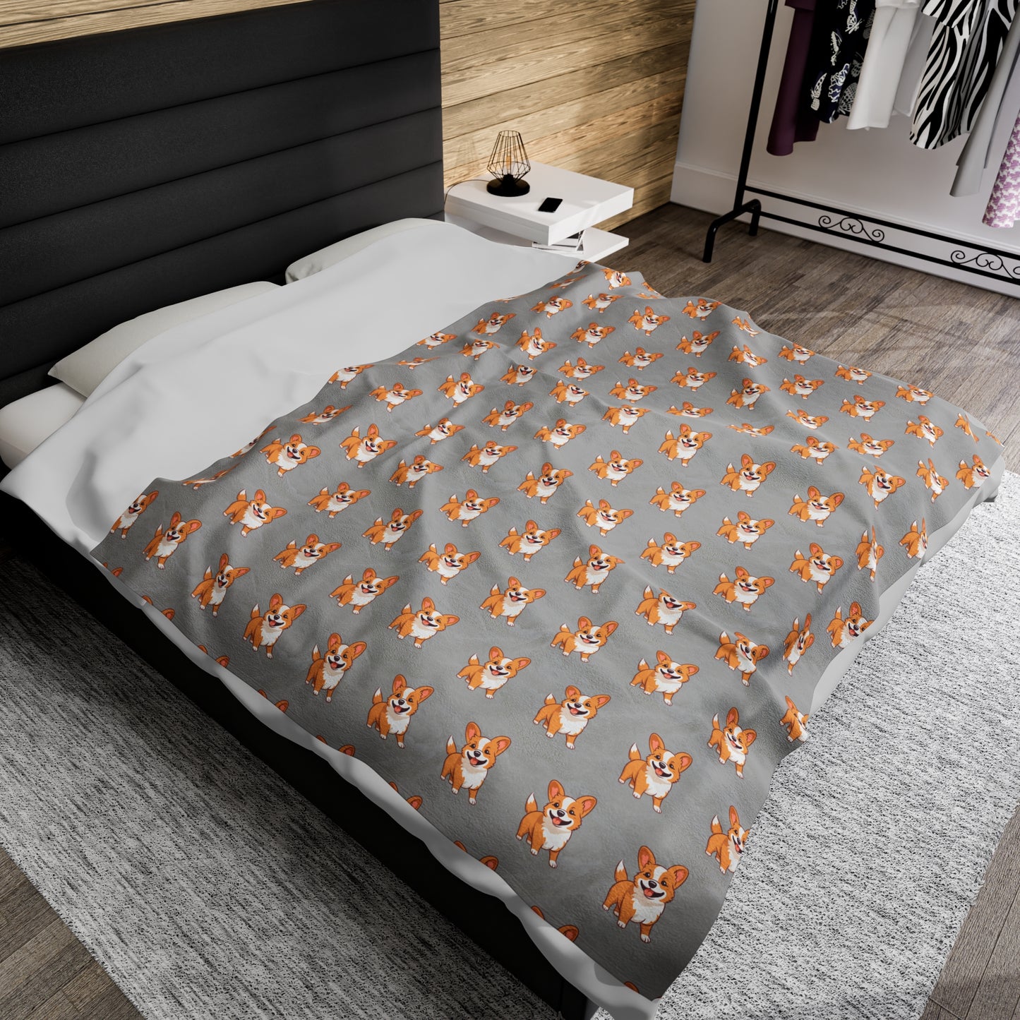 Corgi Velveteen Plush Blanket (Grey)