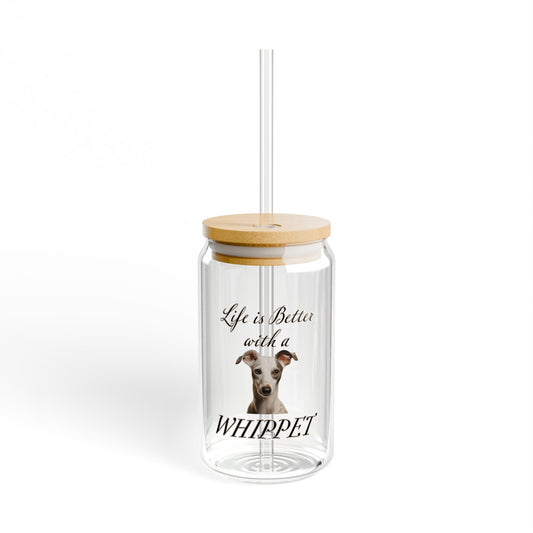 Whippet Sipper Glass with Bamboo Lid and Straw | Pet Glass Tumbler | Dog Mom Beer Can Glass | 16oz