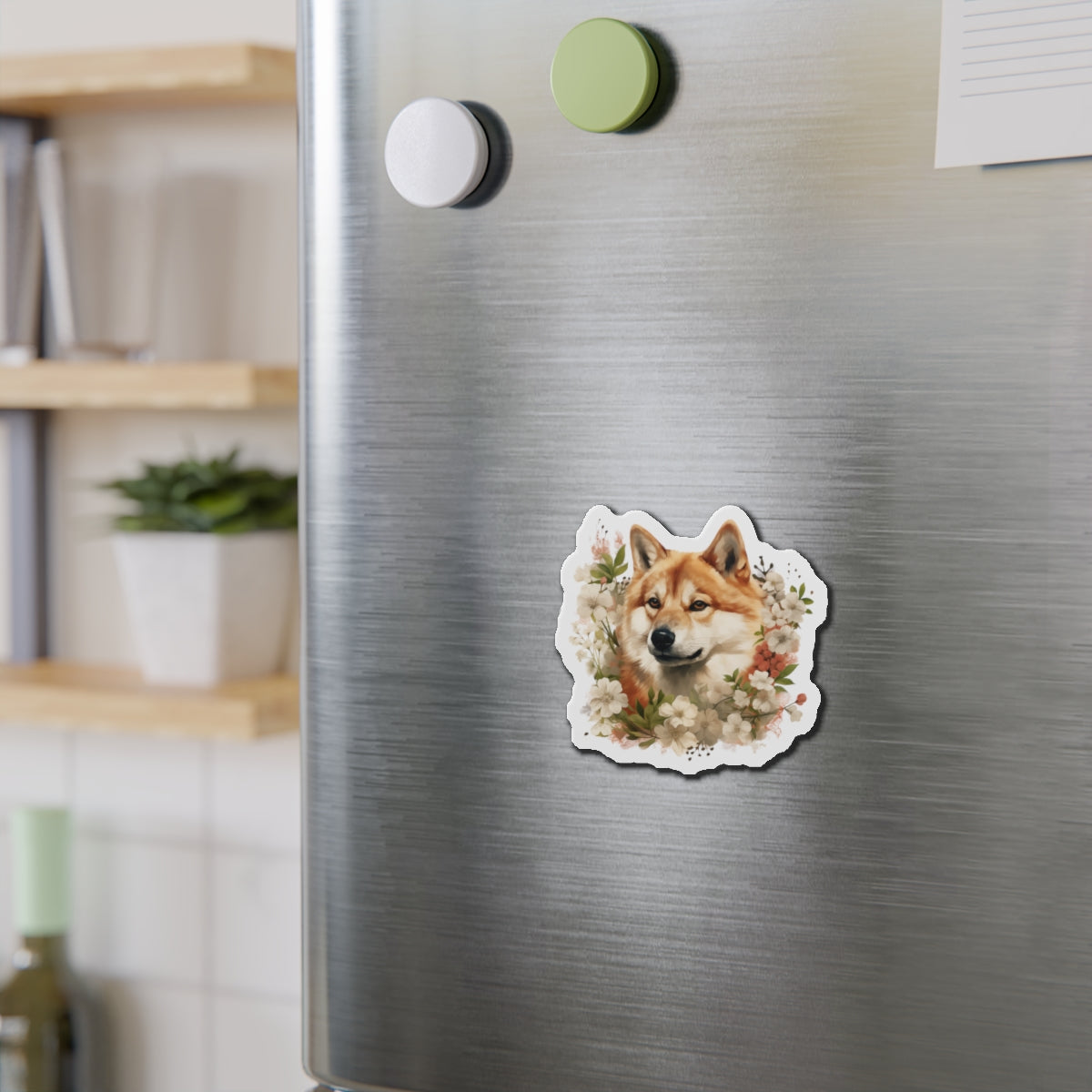Floral Akita Magnet | Die Cut Pet Fridge Magnet | Kitchen Decor