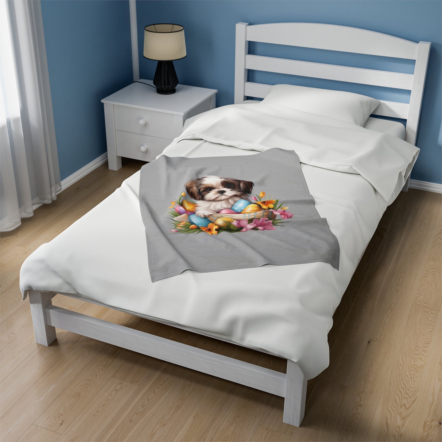 Easter Shih Tzu Blanket (Velveteen Plush, Grey)