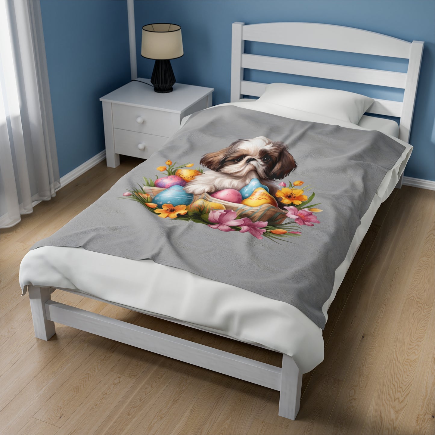 Easter Shih Tzu Blanket (Velveteen Plush, Grey)