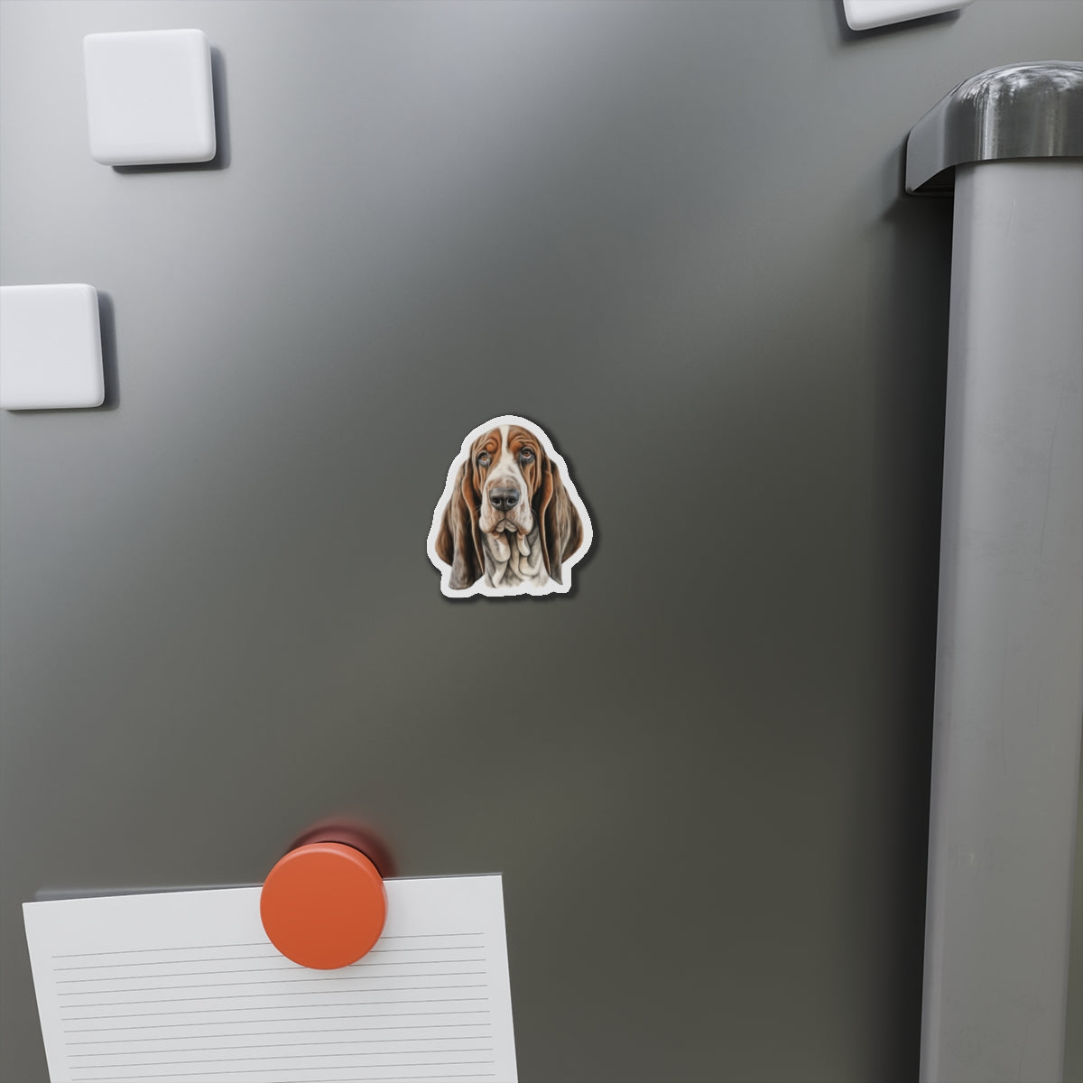 basset hound magnet on a fridge