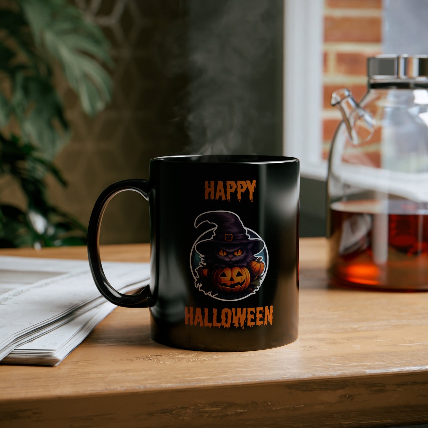 Cat Happy Halloween Black Ceramic Mug 11 oz