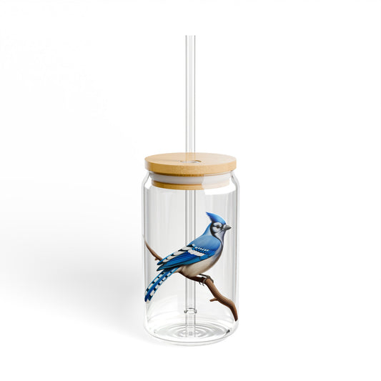 Blue Jay Sipper Glass | 16oz Bird Beer Can Glass | Bamboo Lid and Tritan Straw | Bird Lover Glass Tumbler | Bird Lover Gift