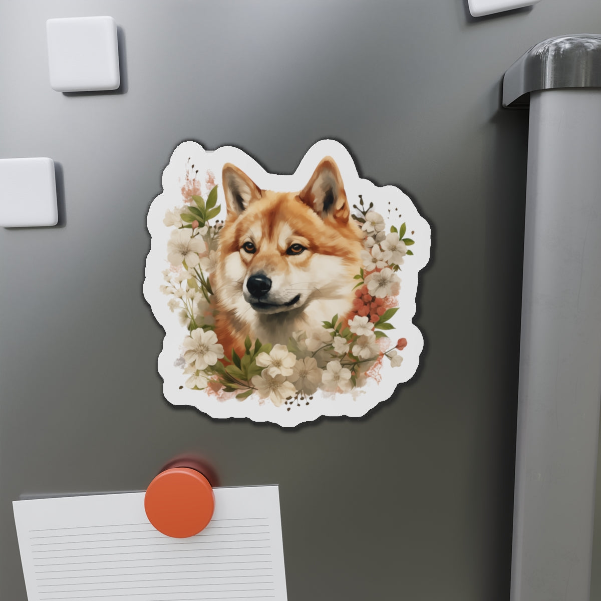 Floral Akita Magnet | Die Cut Pet Fridge Magnet | Kitchen Decor