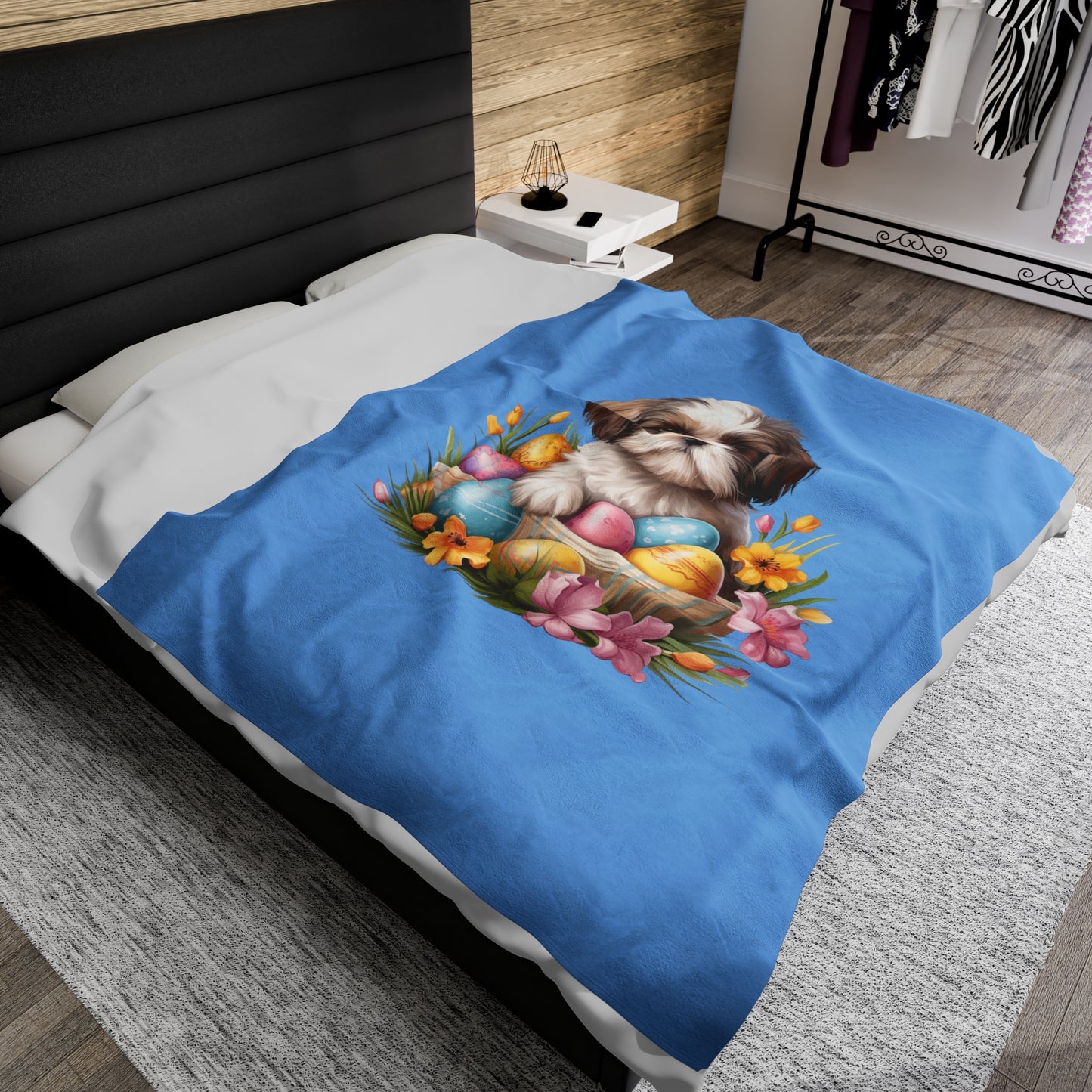 Easter Shih Tzu Blanket (Velveteen Plush, Blue)
