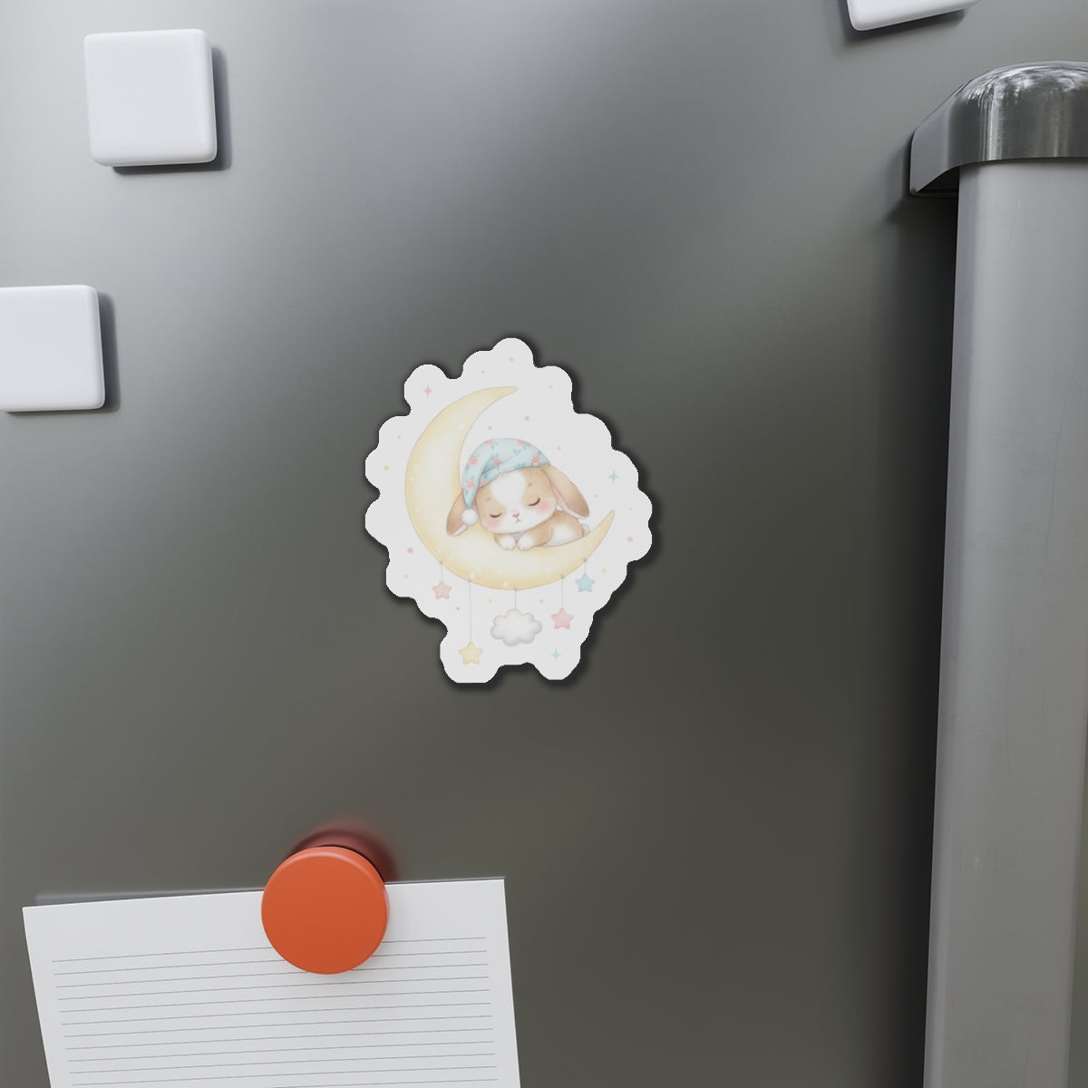 Die-Cut Magnets - Bunny Asleep on Moon, Cute Rabbit Fridge Magnet, Whimsical Animal Kitchen Decor, Lunar Theme Gift, Adorable Night Sky