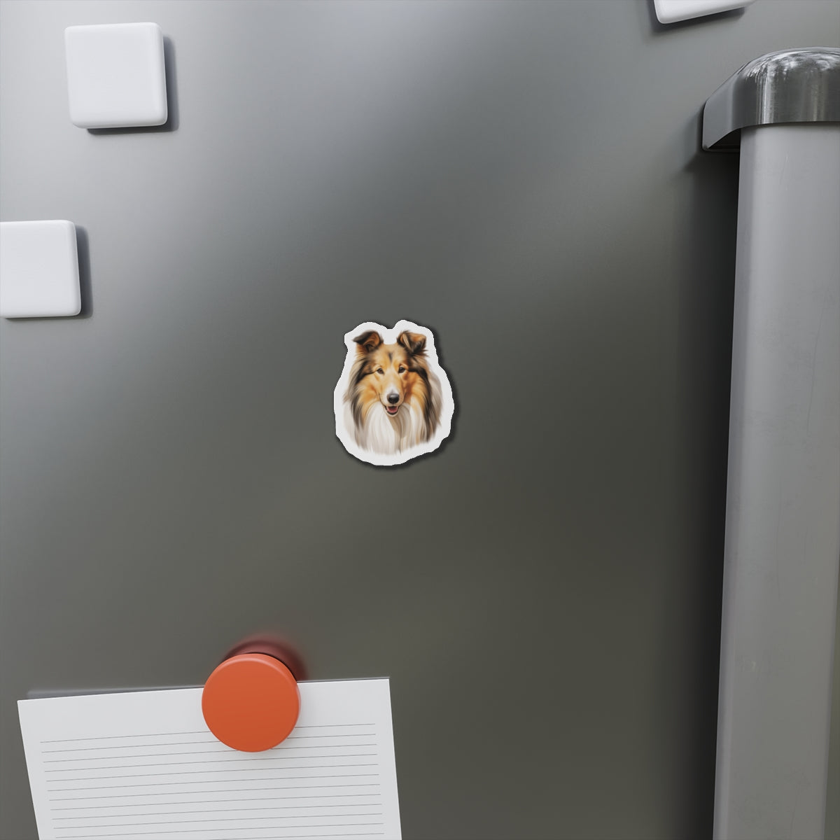 rough collie magnet on a fridge