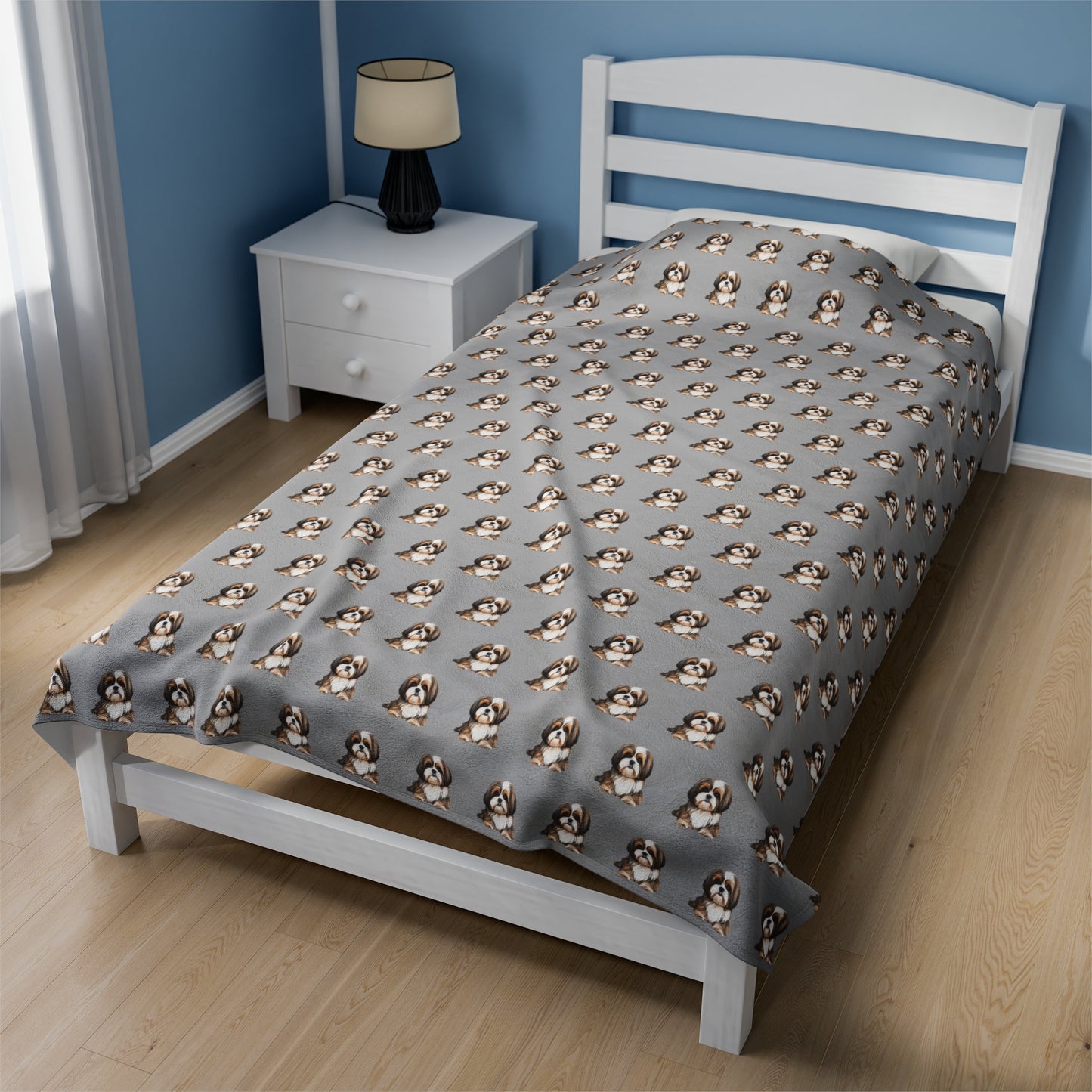 Shih Tzu Velveteen Plush Blanket - Light Grey Background