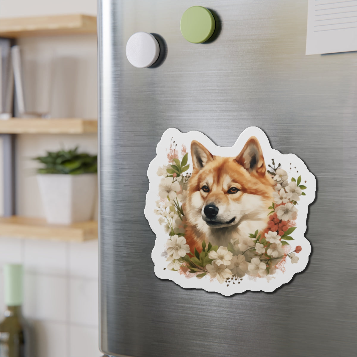 Floral Akita Magnet | Die Cut Pet Fridge Magnet | Kitchen Decor