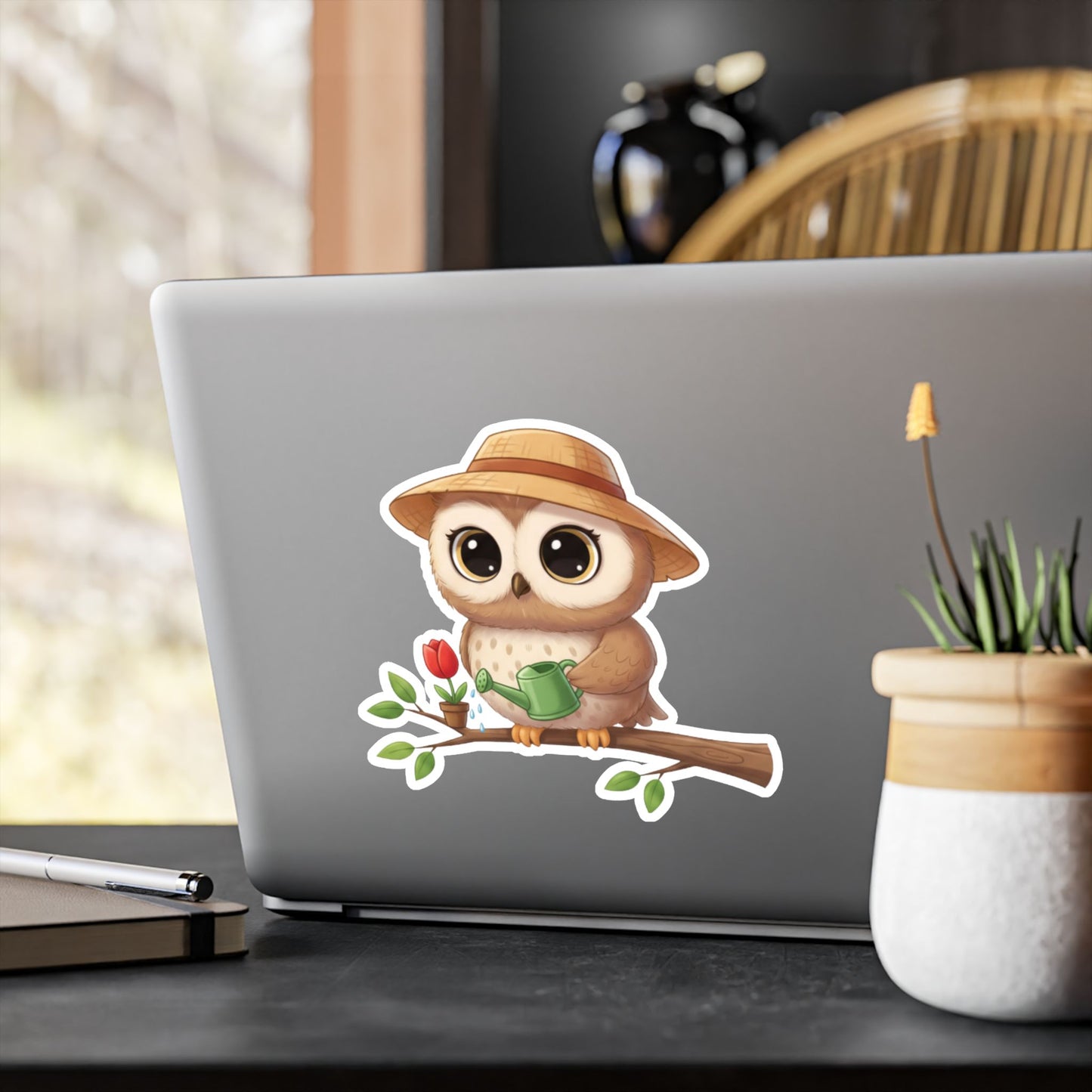 Cute Gardener Owl Decal - Whimsical Laptop Sticker, Water Bottle Decal, Car Decoration for Animal Lovers