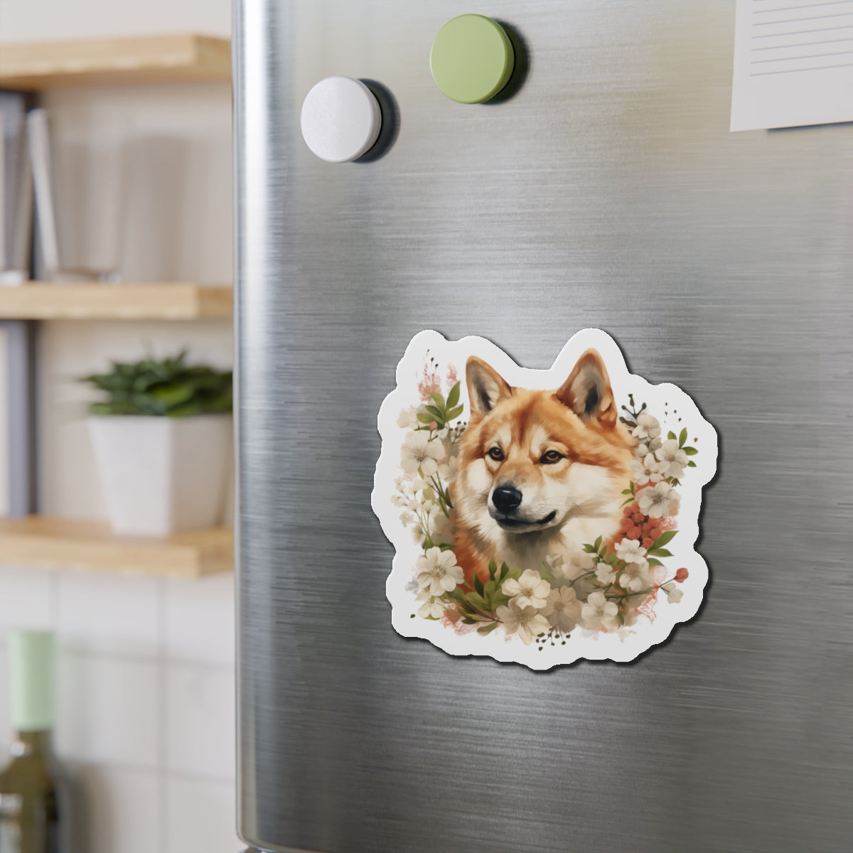 Floral Akita Magnet | Die Cut Pet Fridge Magnet | Kitchen Decor