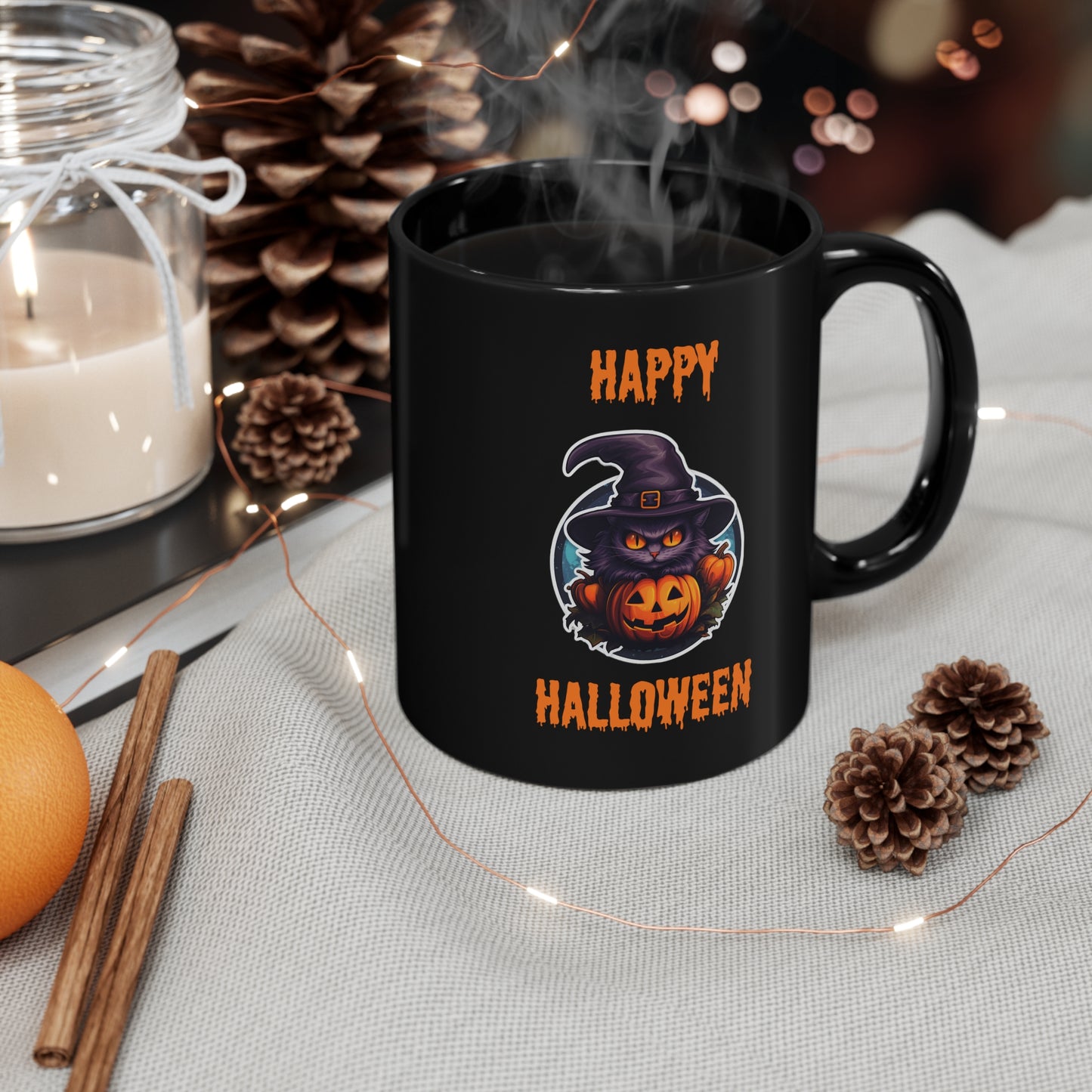 Cat Happy Halloween Black Ceramic Mug 11 oz