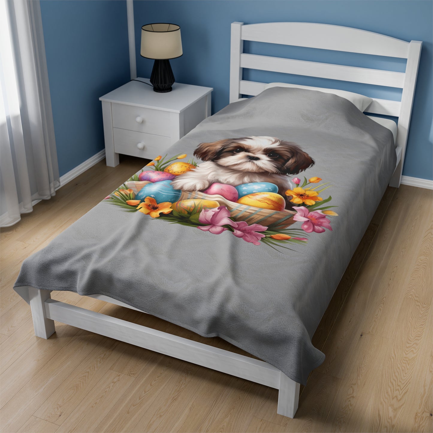 Easter Shih Tzu Blanket (Velveteen Plush, Grey)