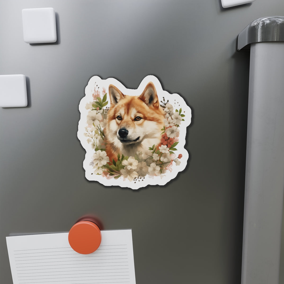 Floral Akita Magnet | Die Cut Pet Fridge Magnet | Kitchen Decor