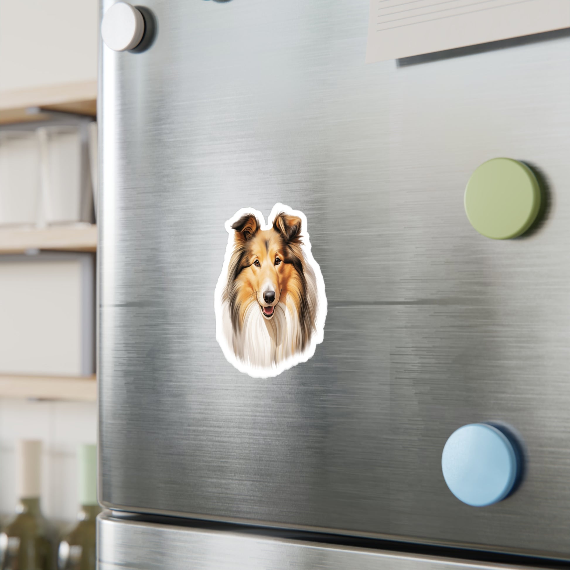 rough collie sticker on fridge