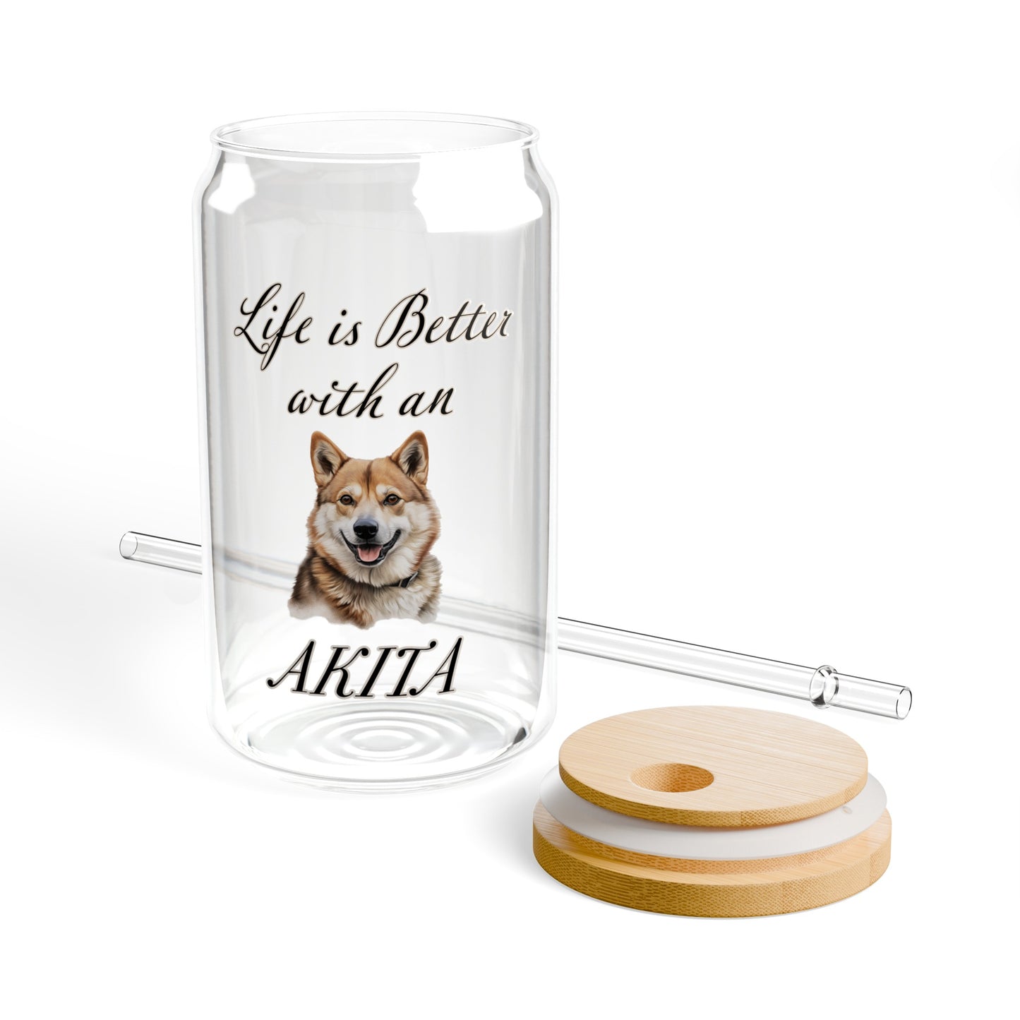 akita glass tumbler, with lid and straw