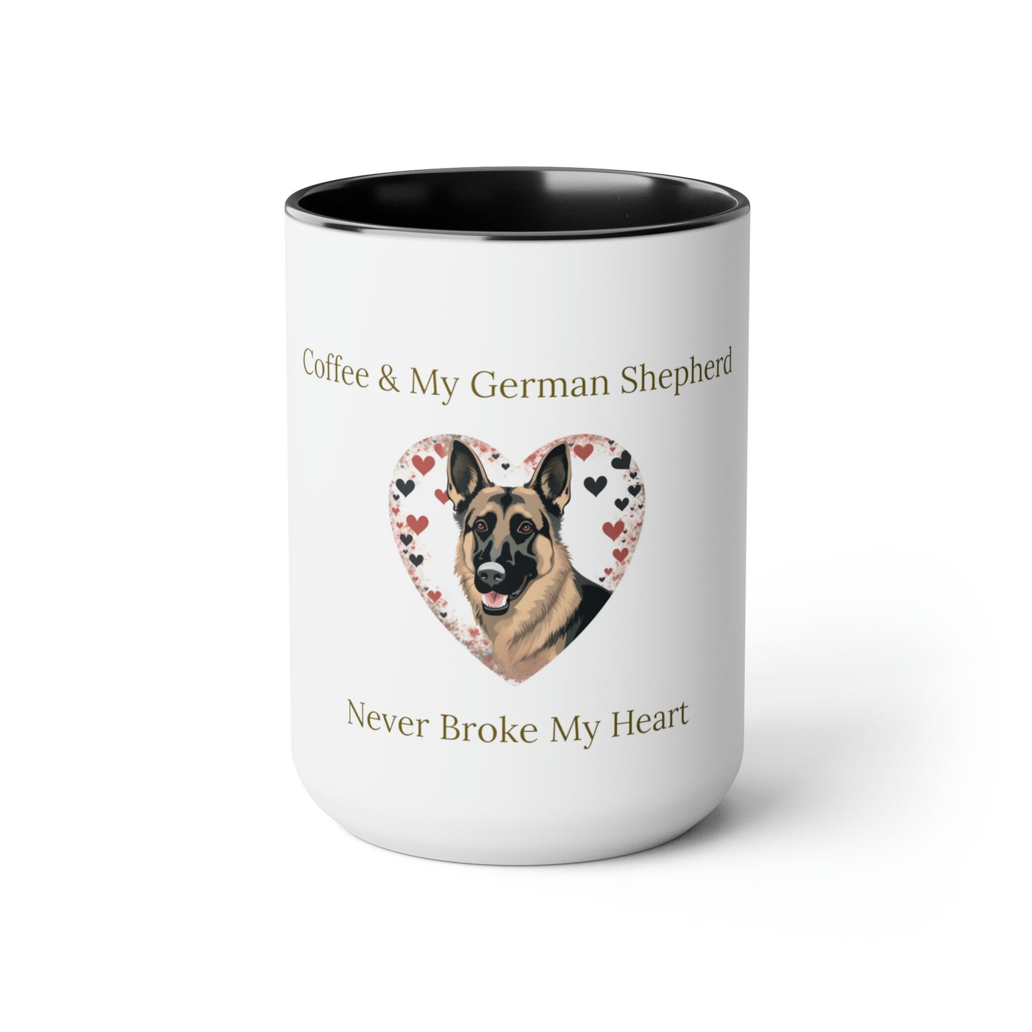 Coffee and My German Shepherd Never Broke My Heart, Two-Tone Coffee Mugs, 15 oz