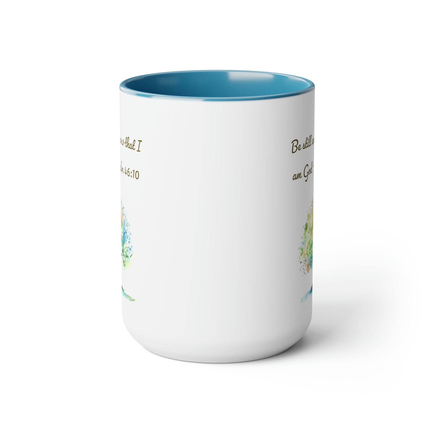 white and blue coffee mug back view