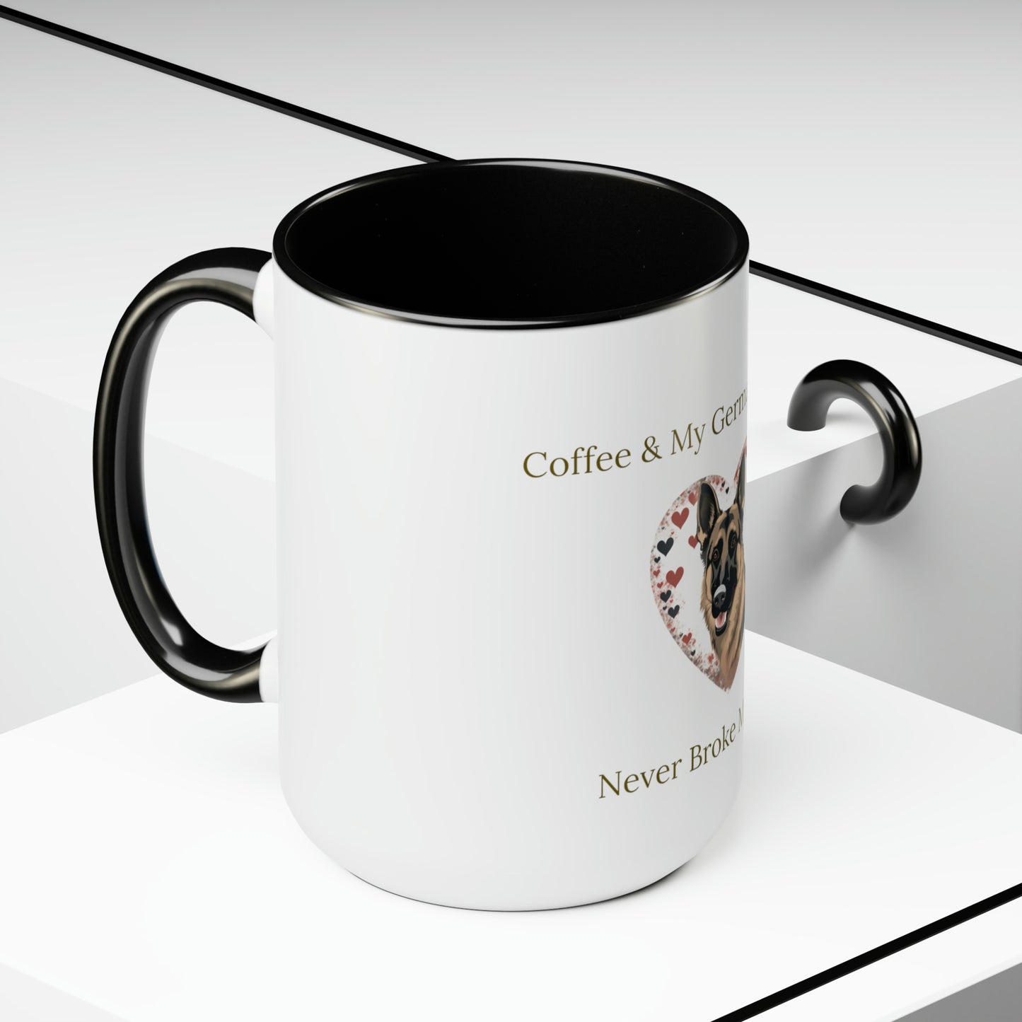 Coffee and My German Shepherd Never Broke My Heart, Two-Tone Coffee Mugs, 15 oz