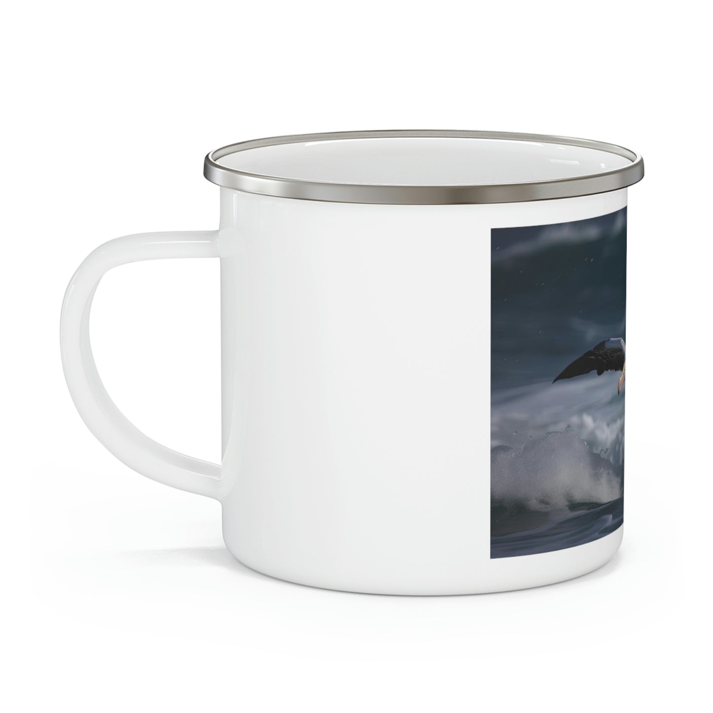 enamel albatross design camping mug side view