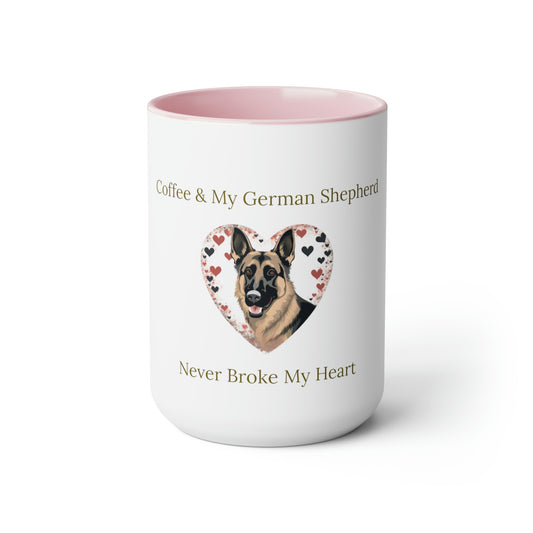 Coffee and My German Shepherd Never Broke My Heart, Two-Tone Coffee Mugs, 15 oz