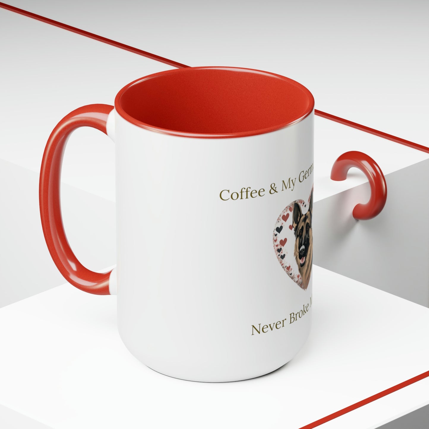 Coffee and My German Shepherd Never Broke My Heart, Two-Tone Coffee Mugs, 15 oz