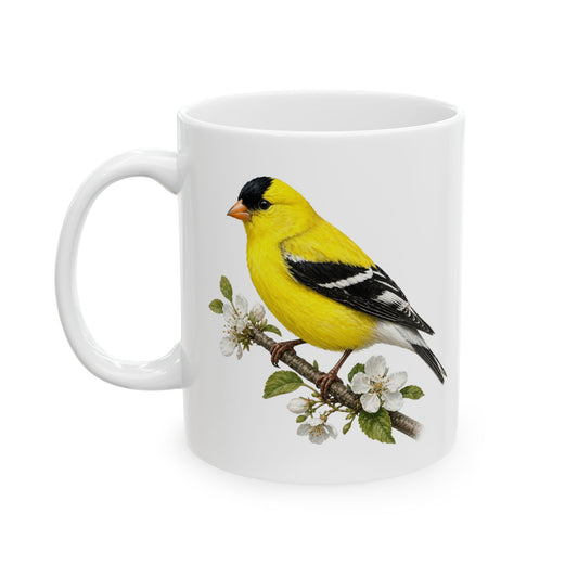 Yellow Goldfinch Illustration Mug | Bird Floral Ceramic Coffee Cup