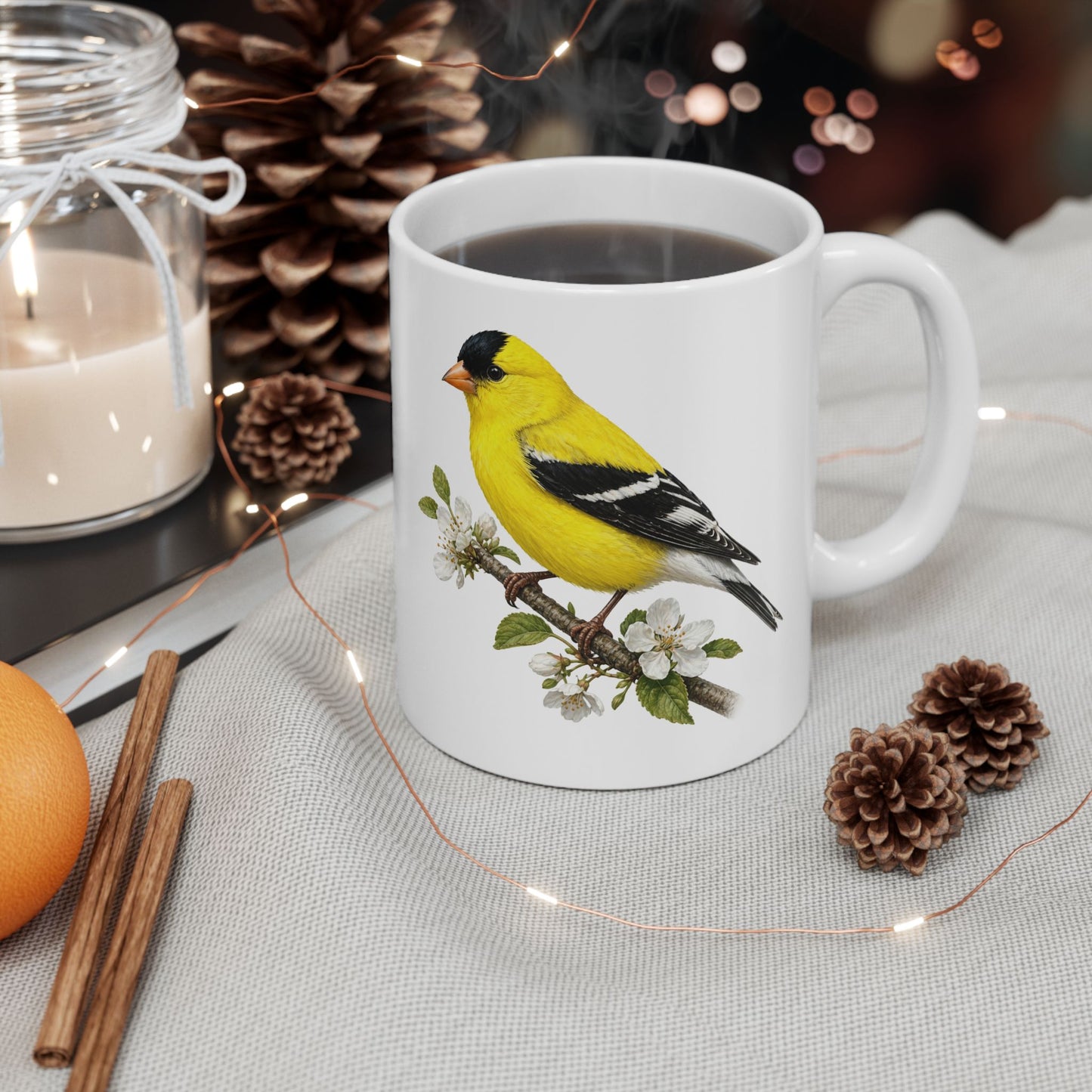 Yellow Goldfinch Illustration Mug | Bird Floral Ceramic Coffee Cup