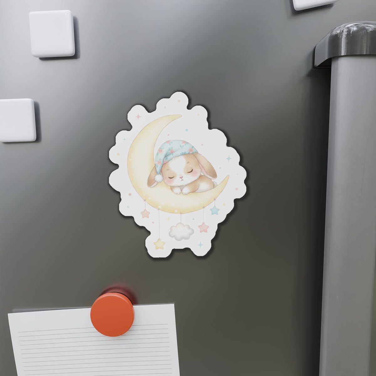 Die-Cut Magnets - Bunny Asleep on Moon, Cute Rabbit Fridge Magnet, Whimsical Animal Kitchen Decor, Lunar Theme Gift, Adorable Night Sky