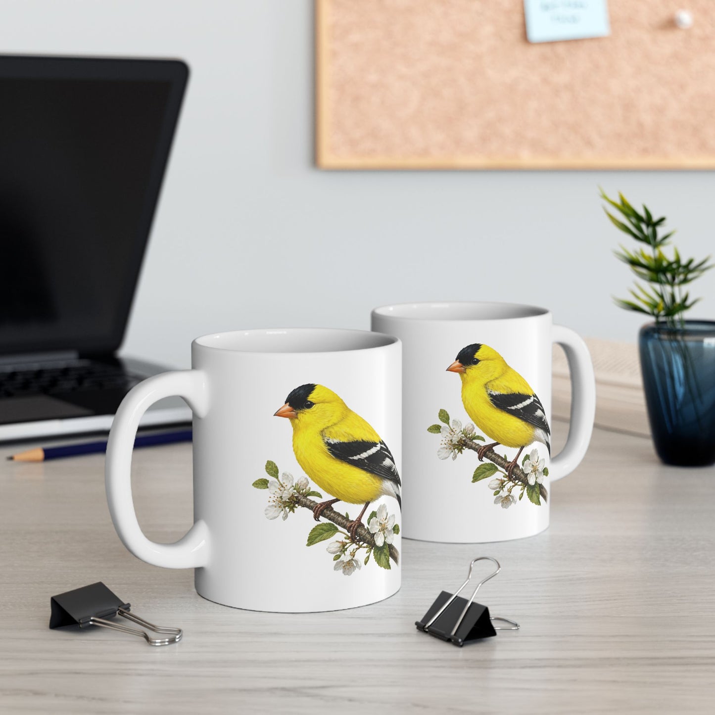 Yellow Goldfinch Illustration Mug | Bird Floral Ceramic Coffee Cup
