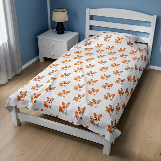 Corgi Velveteen Plush Blanket (White)