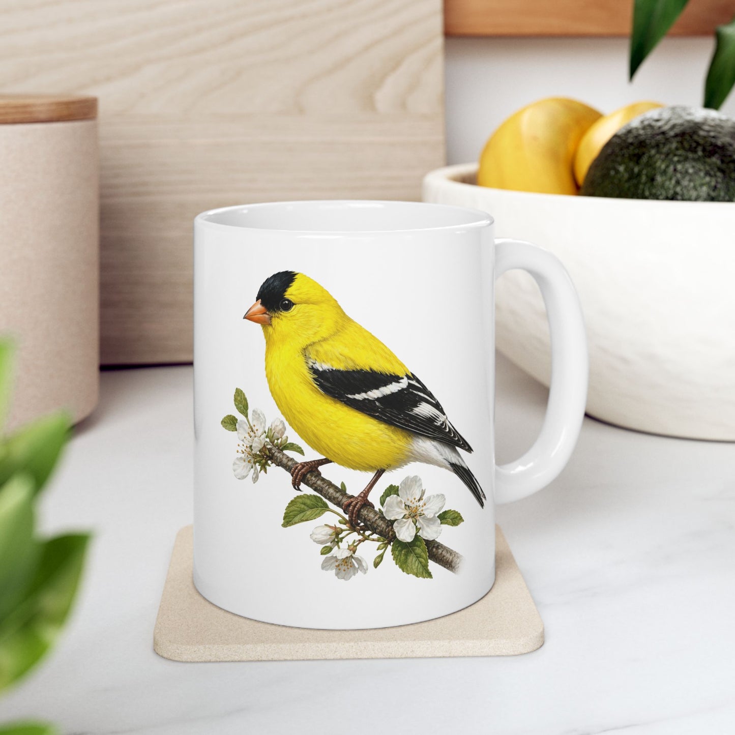 Yellow Goldfinch Illustration Mug | Bird Floral Ceramic Coffee Cup