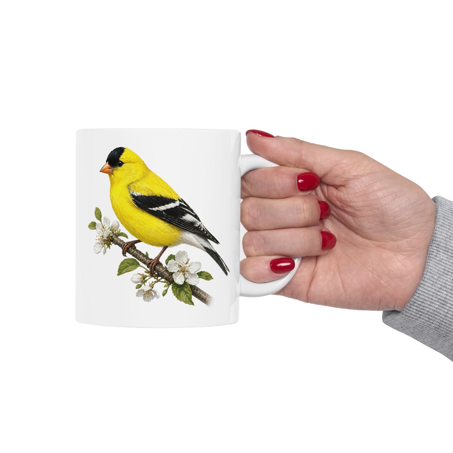 Yellow Goldfinch Illustration Mug | Bird Floral Ceramic Coffee Cup