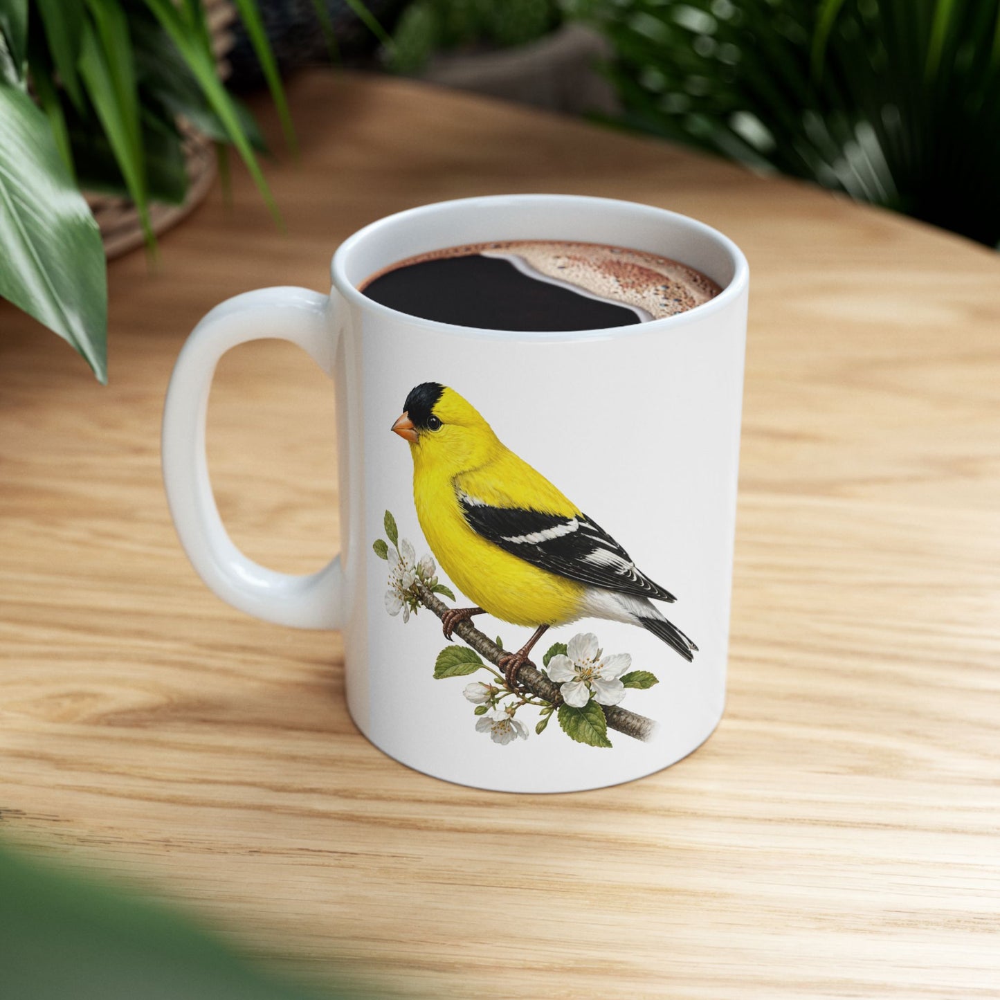 Yellow Goldfinch Illustration Mug | Bird Floral Ceramic Coffee Cup