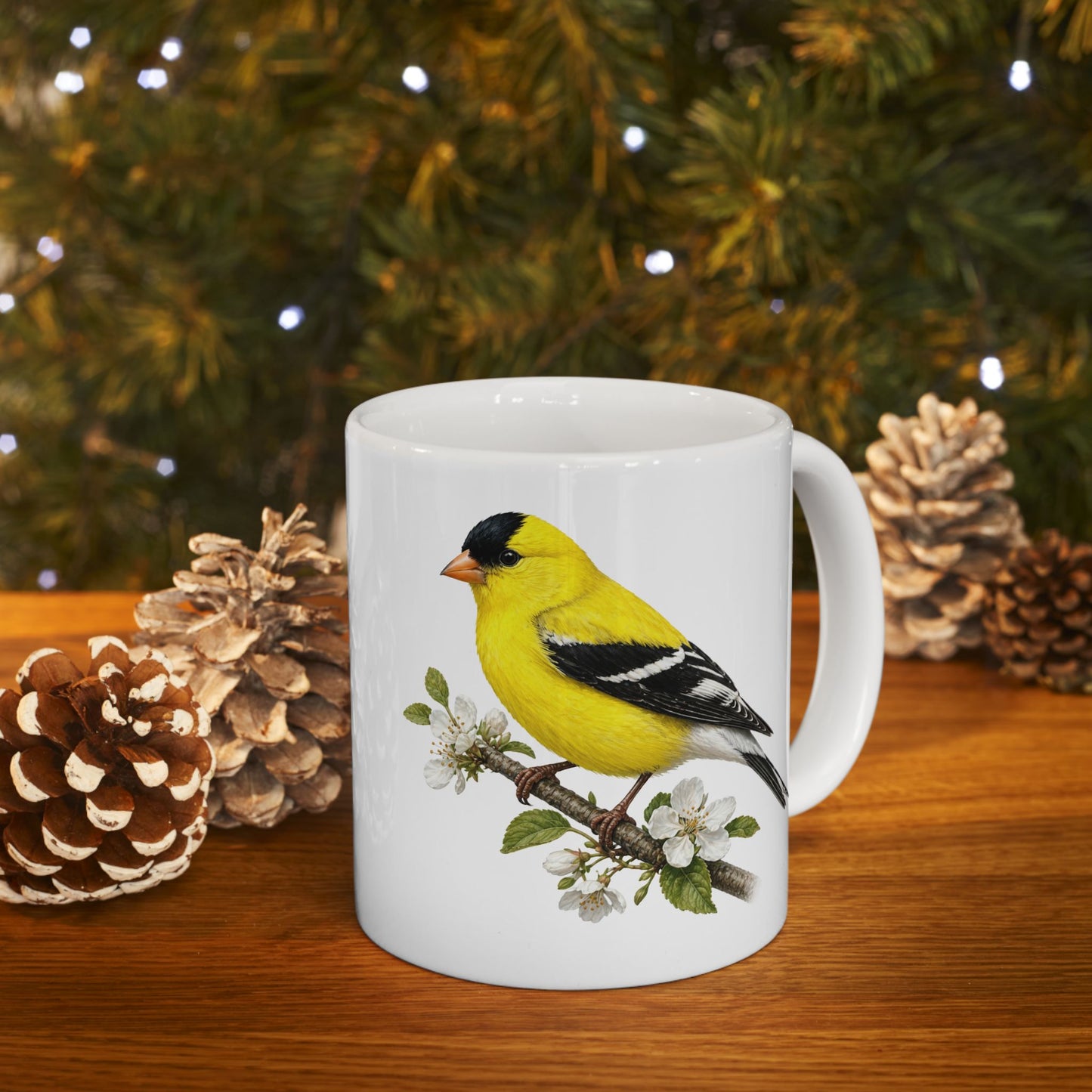 Yellow Goldfinch Illustration Mug | Bird Floral Ceramic Coffee Cup