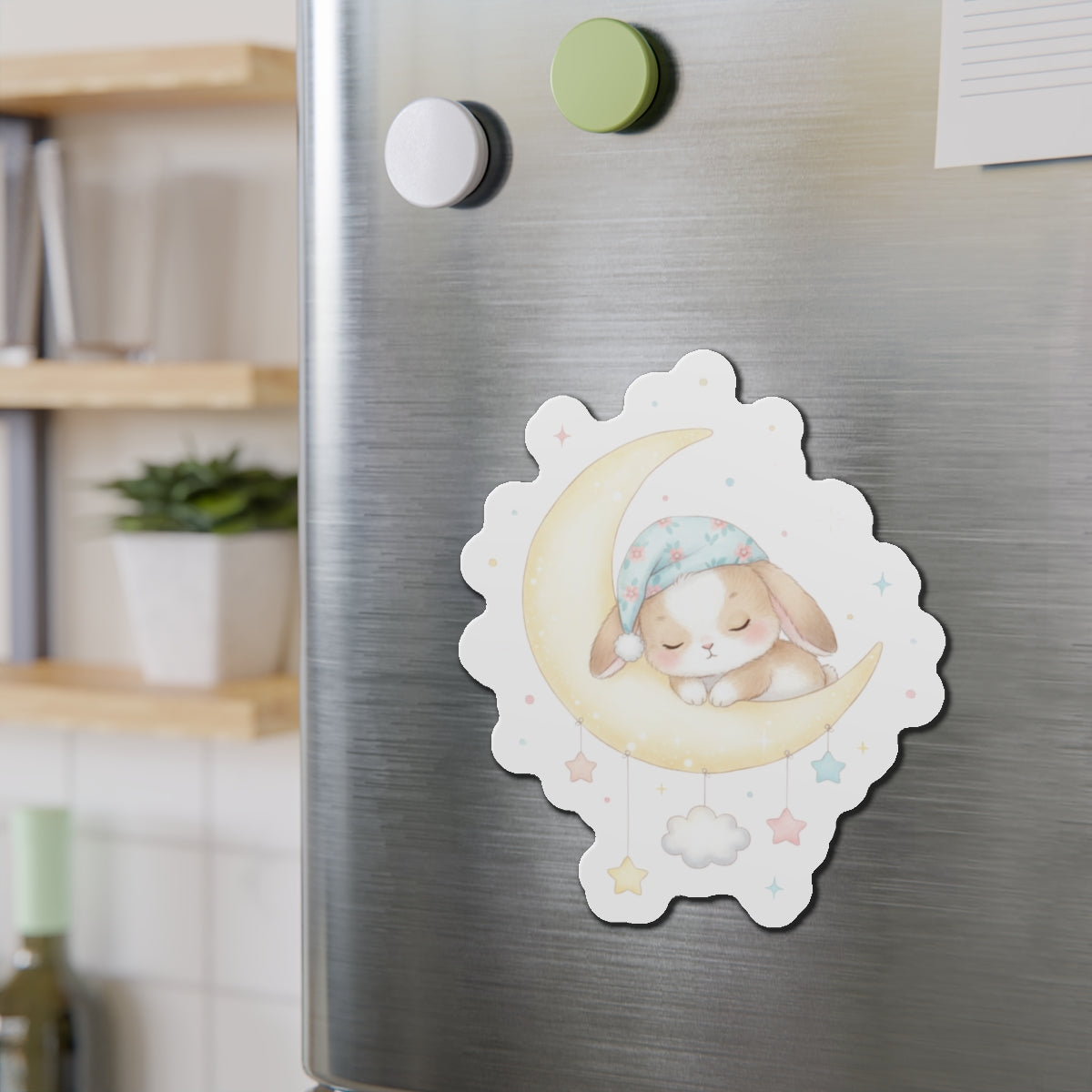 Die-Cut Magnets - Bunny Asleep on Moon, Cute Rabbit Fridge Magnet, Whimsical Animal Kitchen Decor, Lunar Theme Gift, Adorable Night Sky