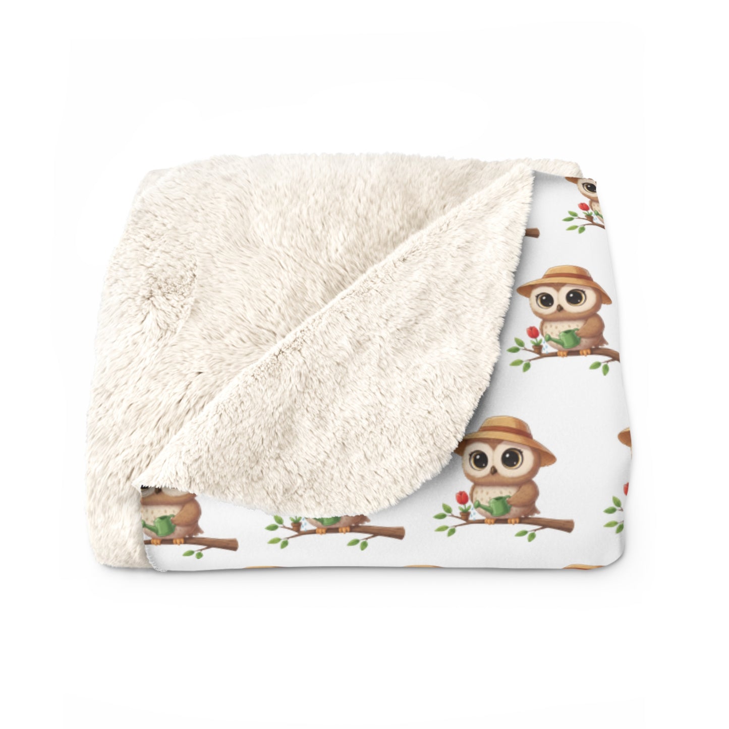 Sherpa Fleece Blanket, Gardener Owl Watering Can Design, Cozy Throw, Home Decor, Gift for Gardeners, Animal Lover Gift