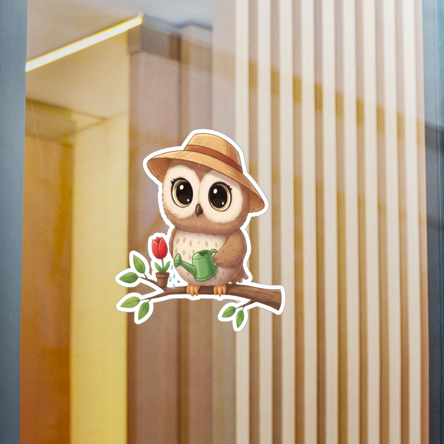 Cute Gardener Owl Decal - Whimsical Laptop Sticker, Water Bottle Decal, Car Decoration for Animal Lovers