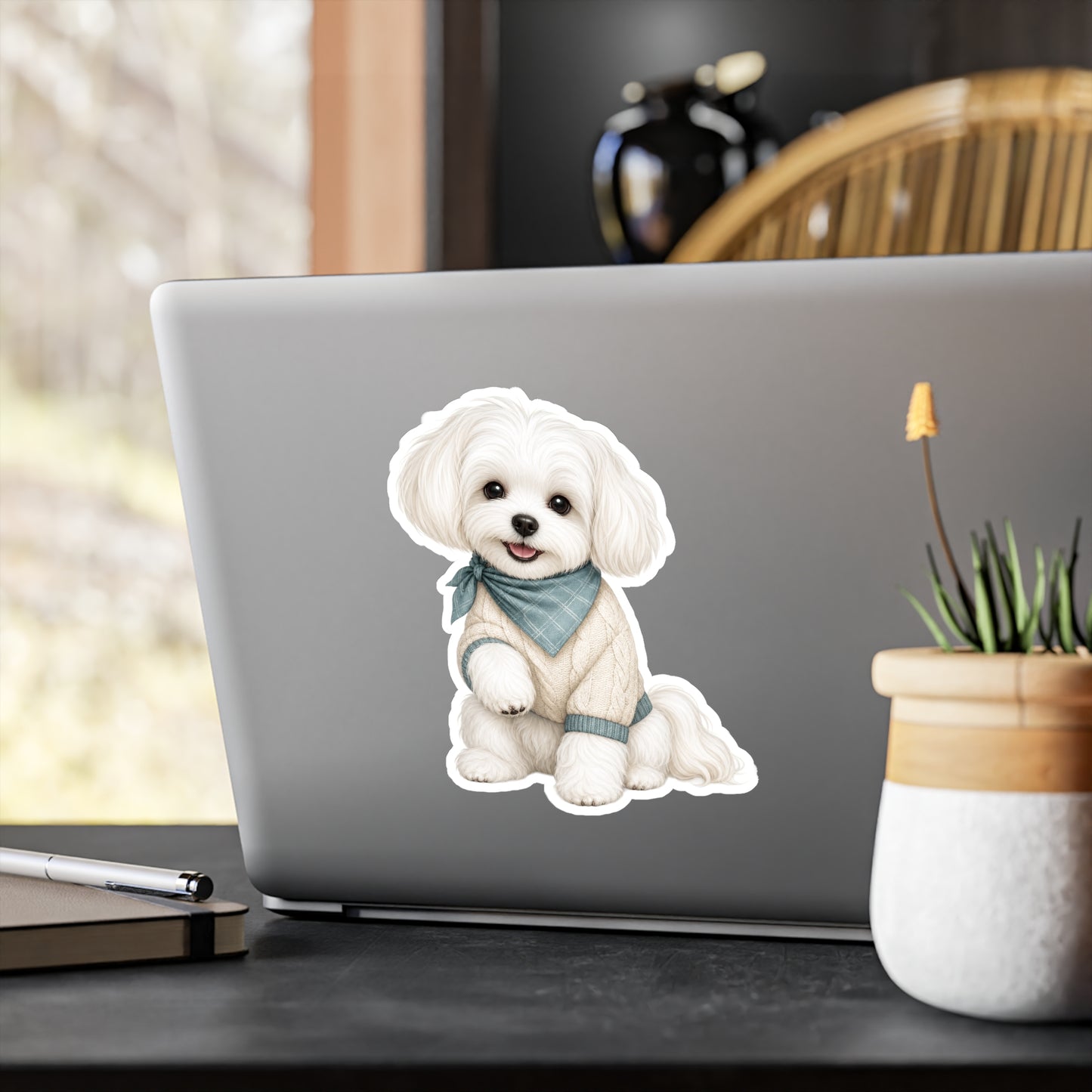 Maltese Dog Sticker - Teal Bandana Waterproof Dog Decal