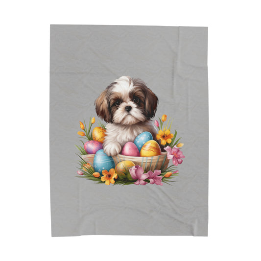 Easter Shih Tzu Blanket (Velveteen Plush, Grey)