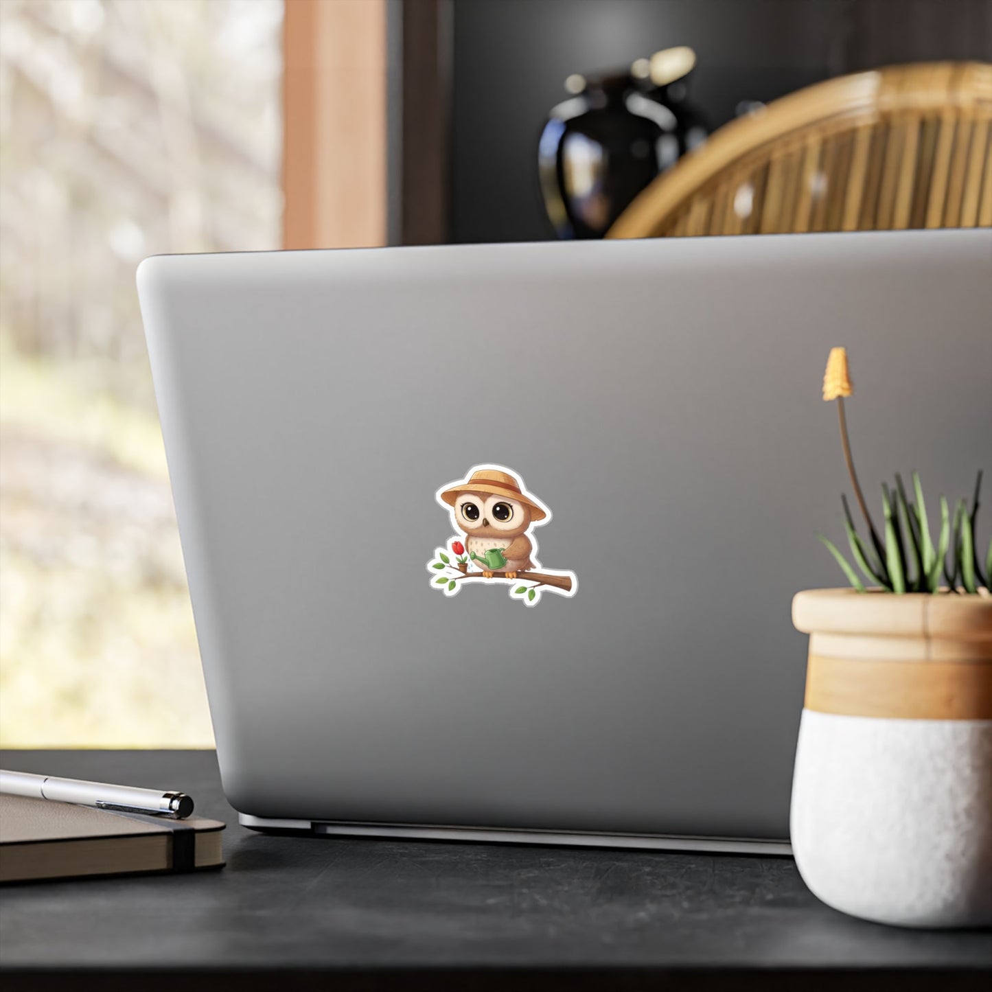 Cute Gardener Owl Decal - Whimsical Laptop Sticker, Water Bottle Decal, Car Decoration for Animal Lovers