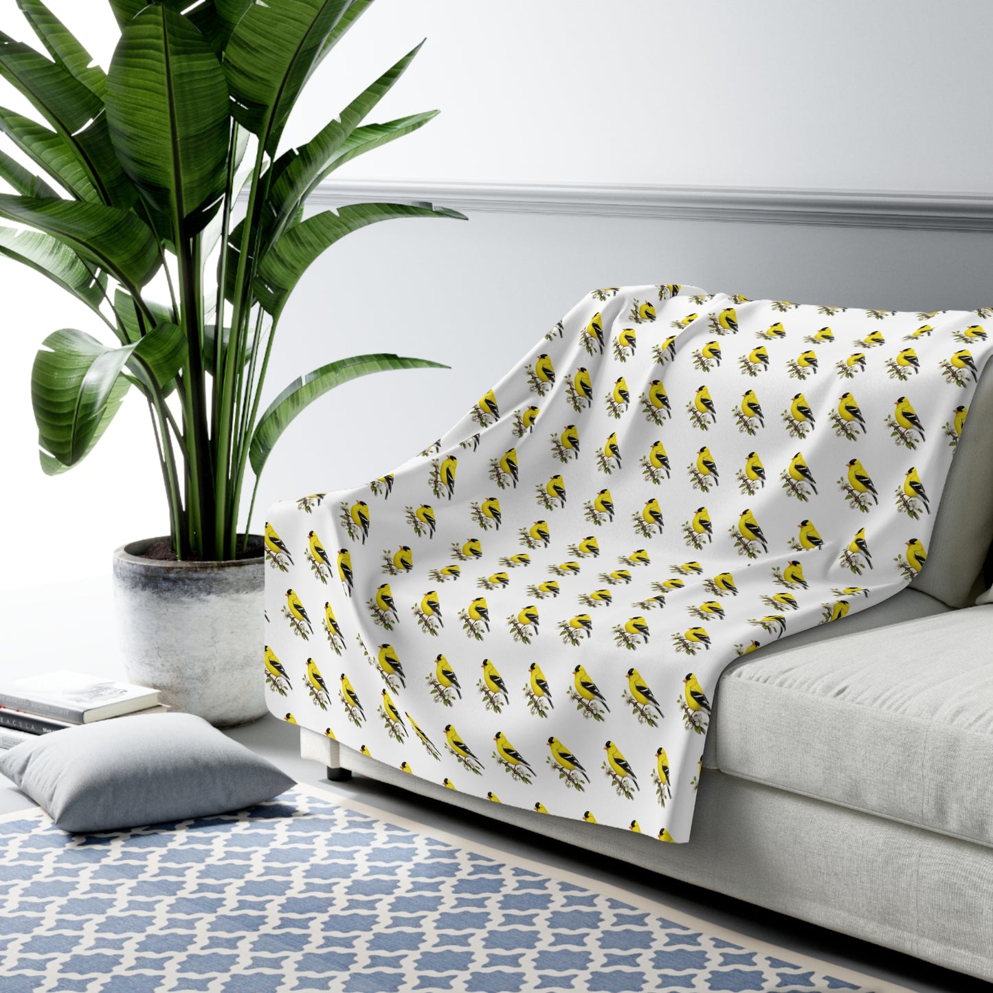 Goldfinch Sherpa Blanket | Bird Print Cozy Throw