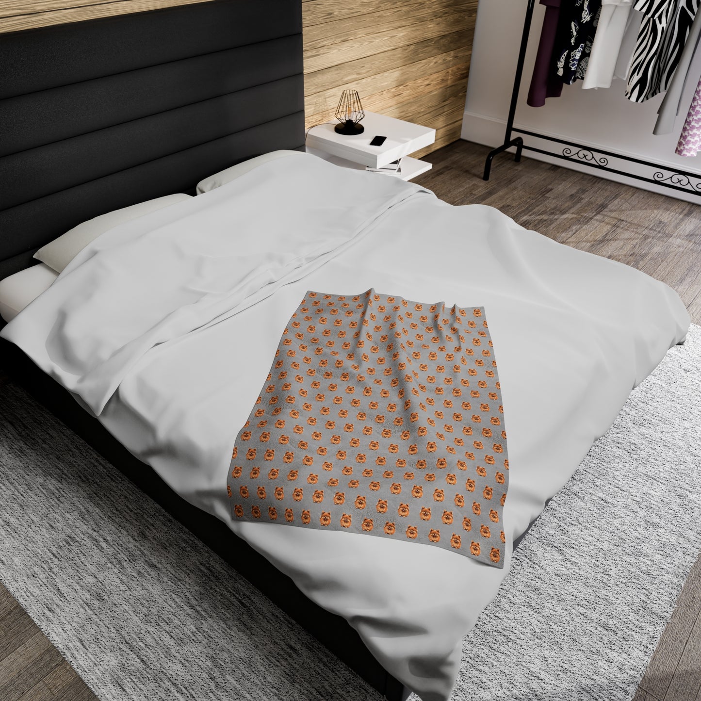 Pomeranian Velveteen Plush Blanket (Grey)