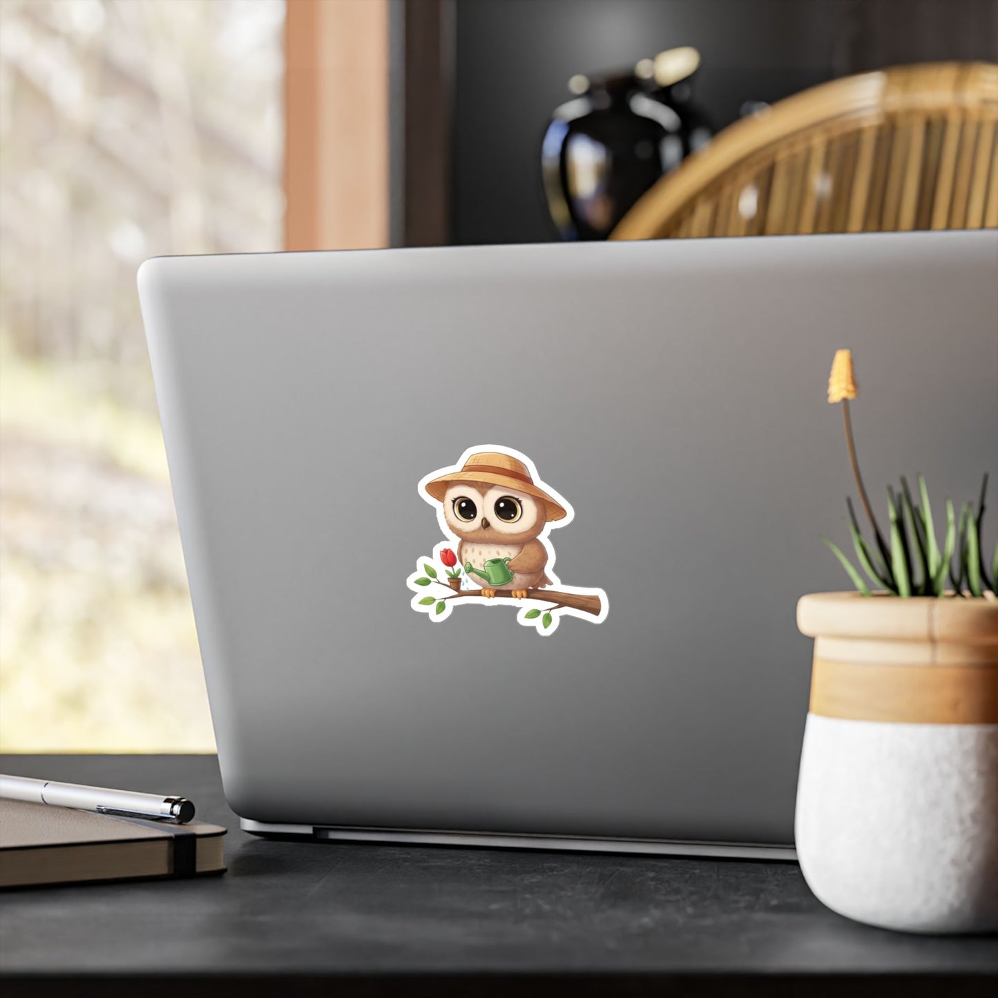 Cute Gardener Owl Decal - Whimsical Laptop Sticker, Water Bottle Decal, Car Decoration for Animal Lovers