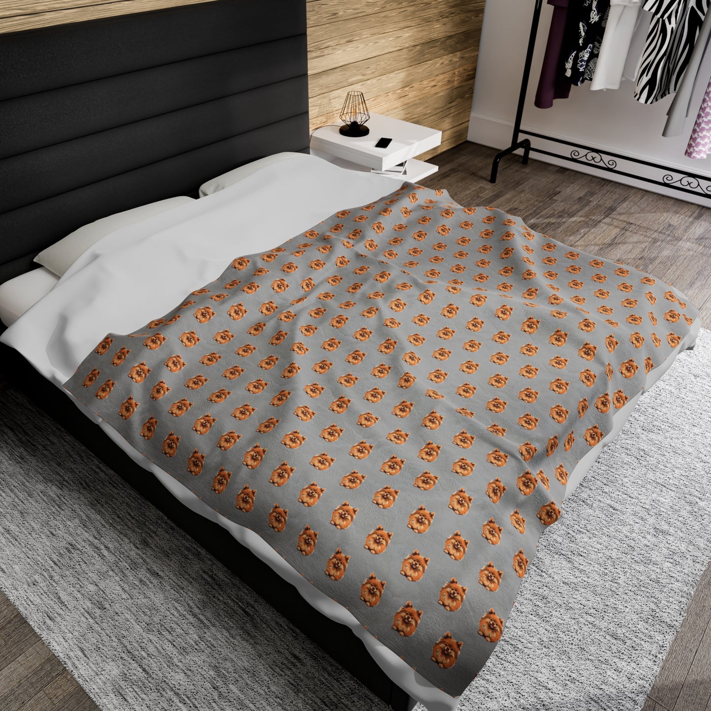 Pomeranian Velveteen Plush Blanket (Grey)